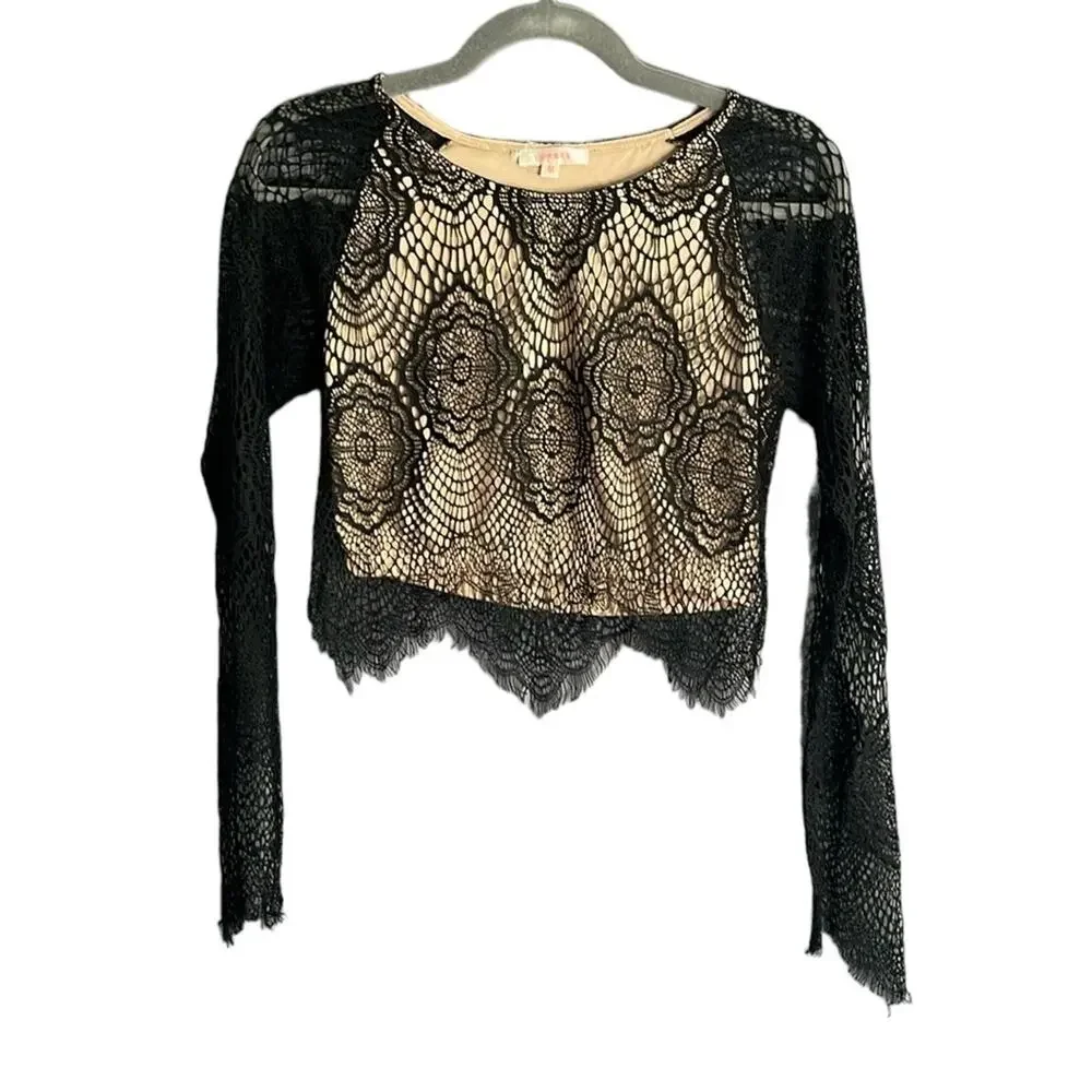 Luxxel Black Lace Cropped Top With Nude Lining Long Sleeves Medium